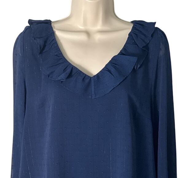 J. Crew V Neck Shimmery Clip Dot Ruffleneck Top Blue Size M - Picture 10 of 12